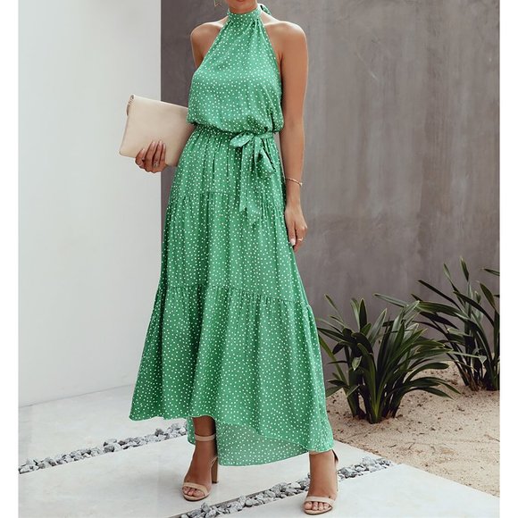 Green Polka Dot Halter Flounce Maxi Dress - Picture 4 of 8